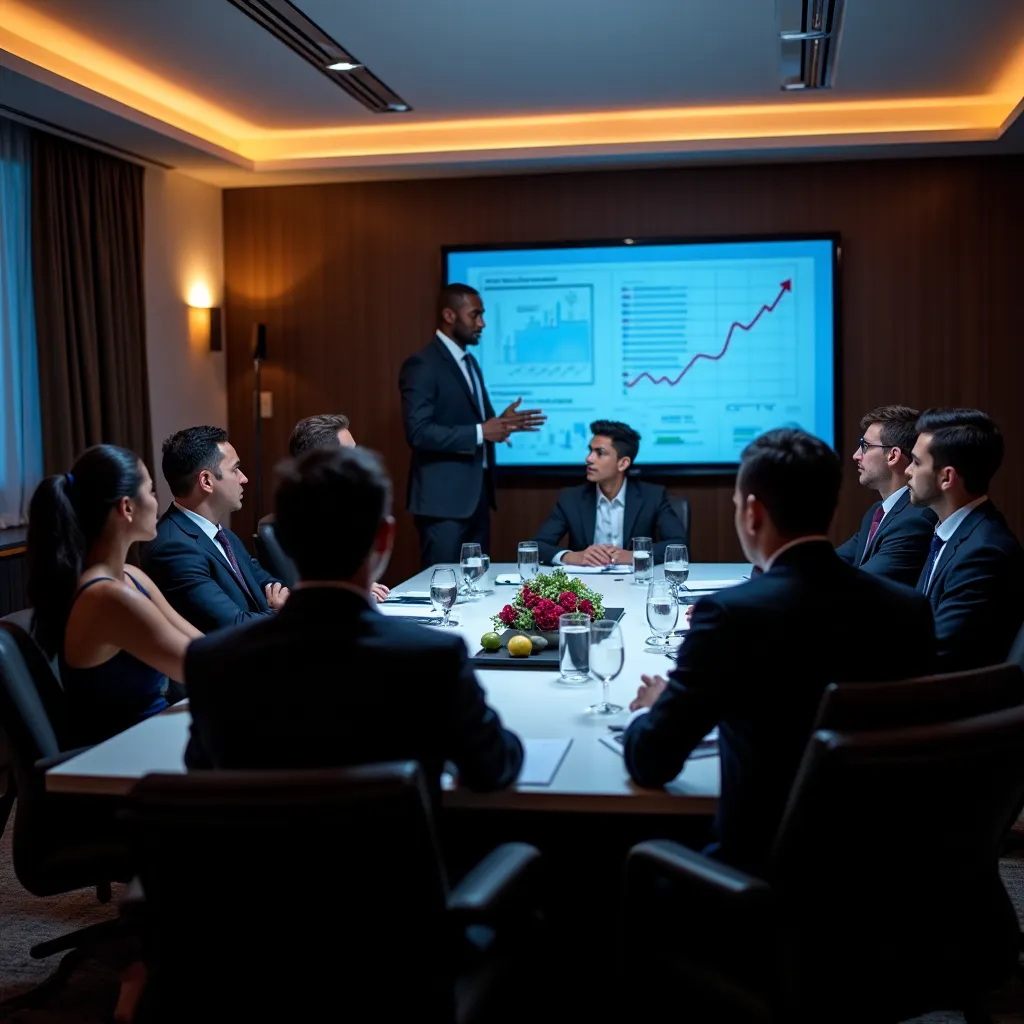 Team of analysts collaborating in a meeting room, reviewing reports on energy sector insights.